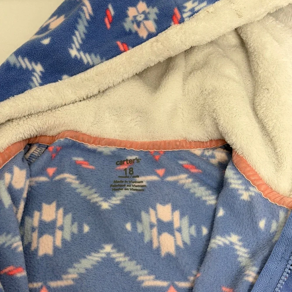 Carters 18M Blue Pink Fair Isle Fleece Hooded Jumpsuit One Piece Pram Zip Up